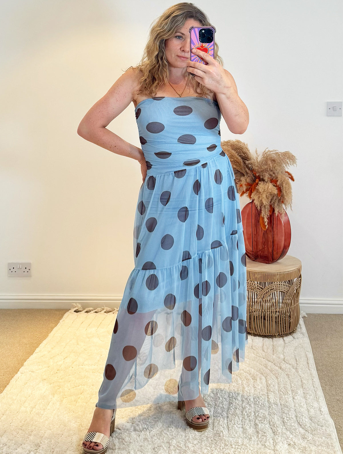 Bandeau Mesh Polka Dot Midi Dress | Pale Blue/Chocolate