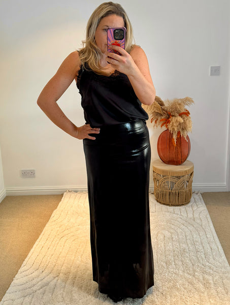 Metallic Shine Maxi Skirt | Black