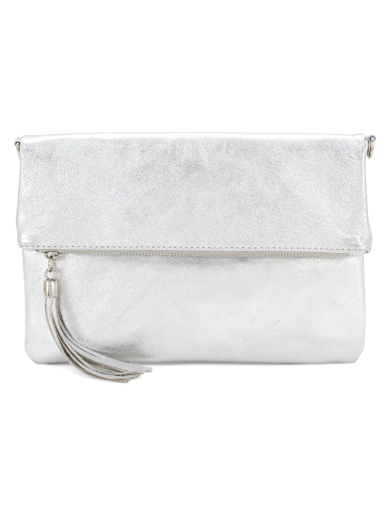 Metallic Leather Foldover Clutch Cross Body Bag Silver Pink Flamingo Boutique Kent