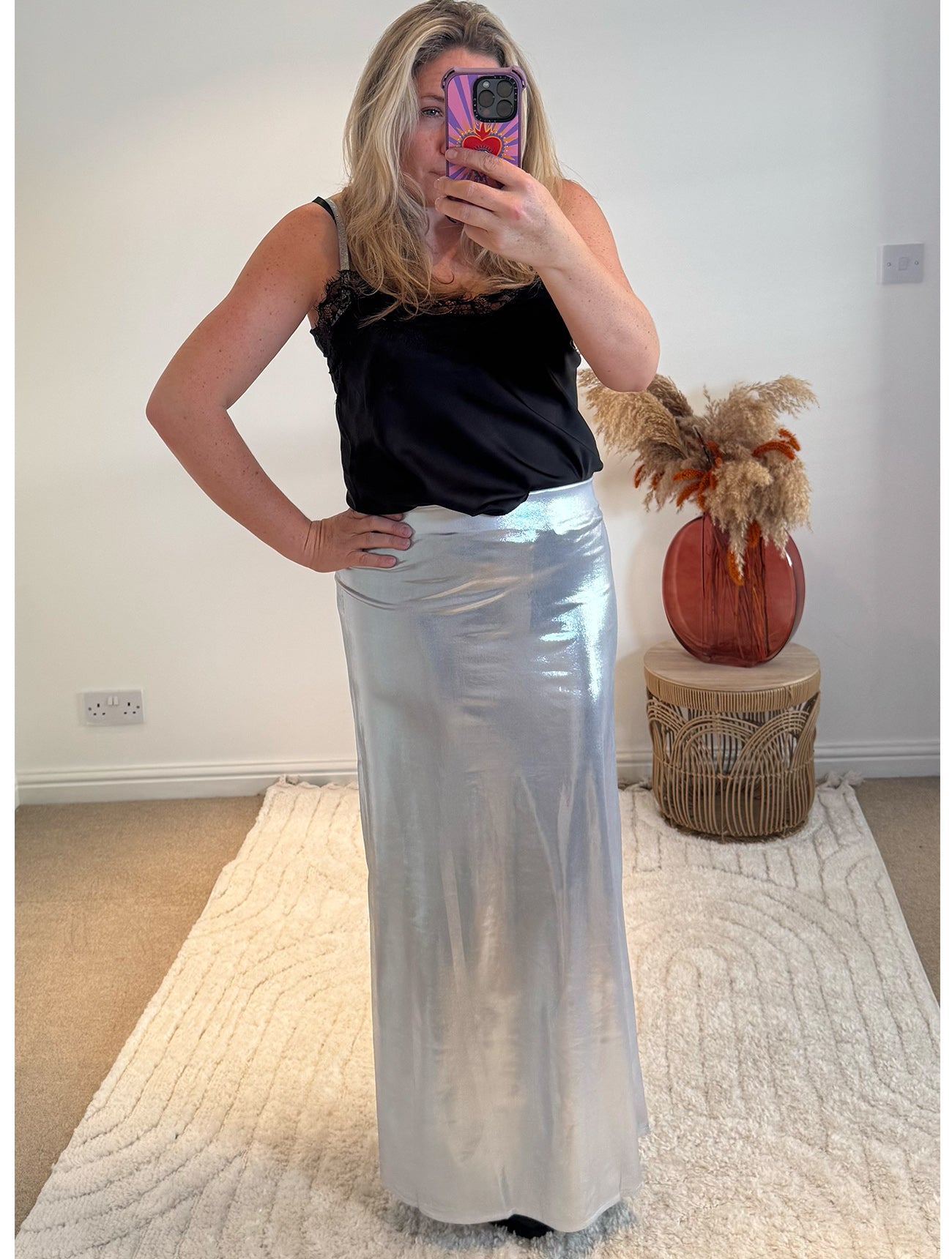 Metallic Shine Maxi Skirt | Silver