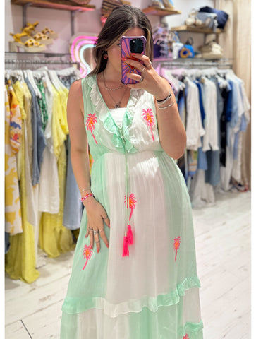 Ibiza Neon Palm Embroidered Boho Maxi Dress | Aqua/White