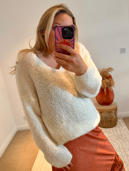 Mohair Blend V-Neck Jumper | Cream