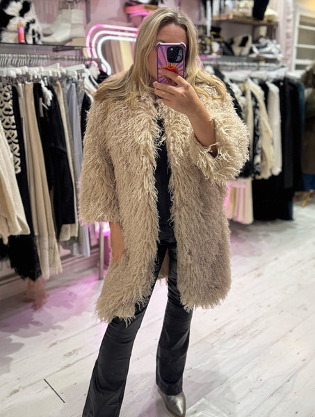 Mongolian Style Faux Fur Long Smart Coat | Cream
