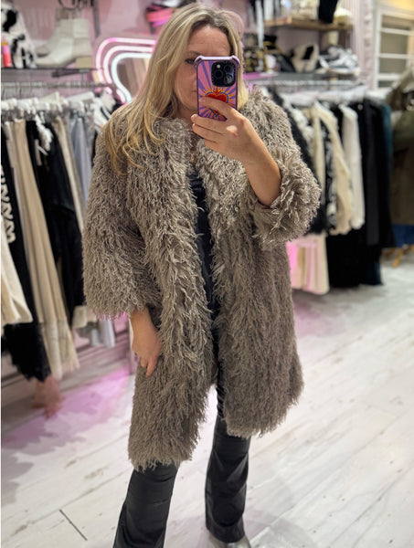 Mongolian Style Faux Fur Long Smart Coat | Taupe
