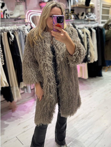 Mongolian Style Faux Fur Long Smart Coat | Taupe