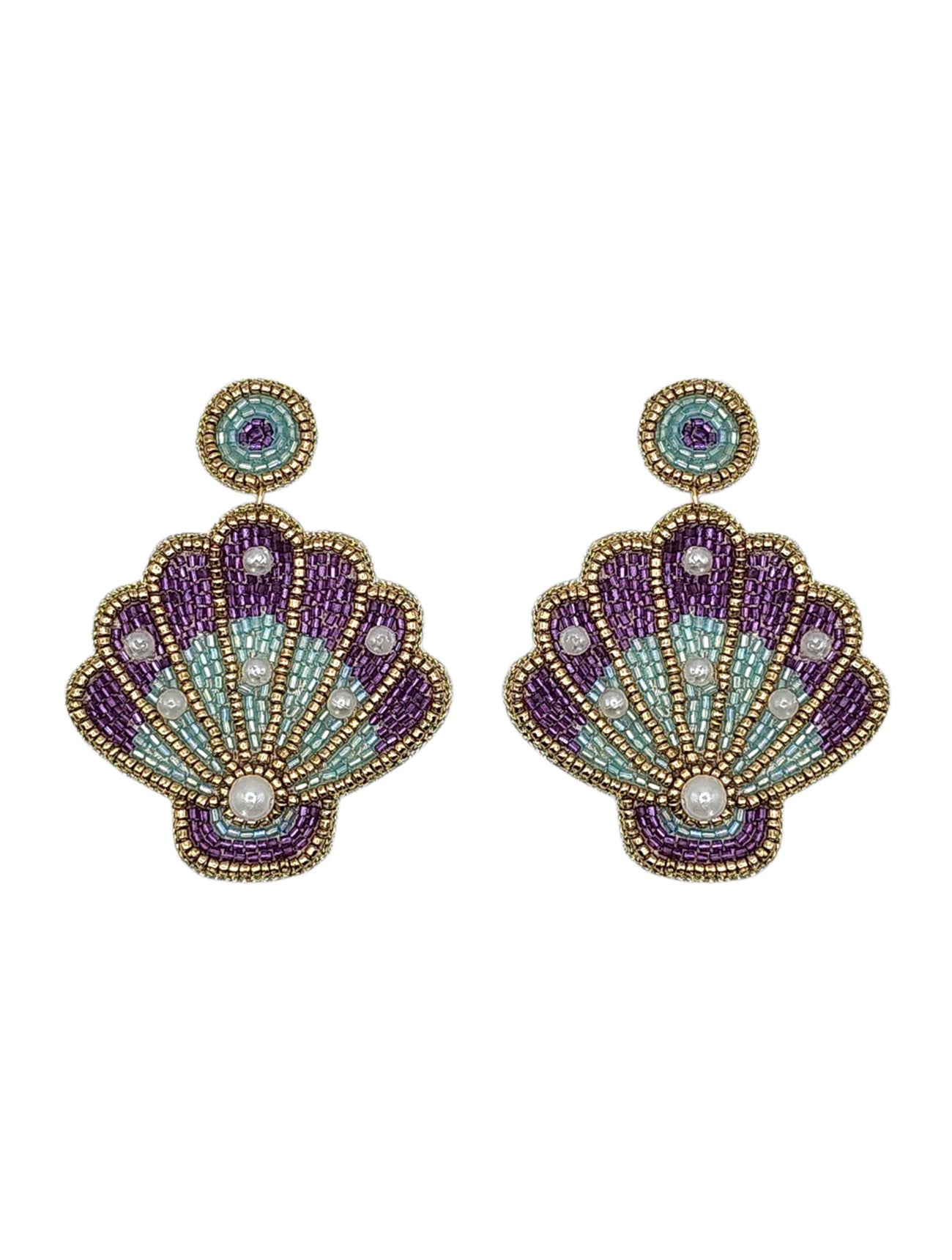 Mermaid Purple Ombre Embroidered Shell Earrings