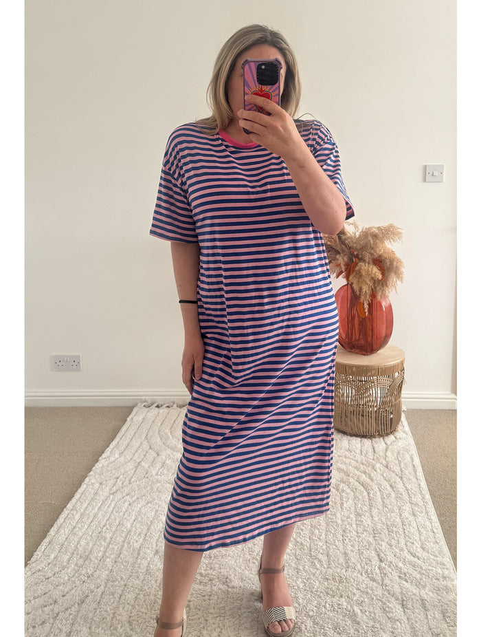 Seaside Stripe Midi T-Shirt Dress | Navy/Pink