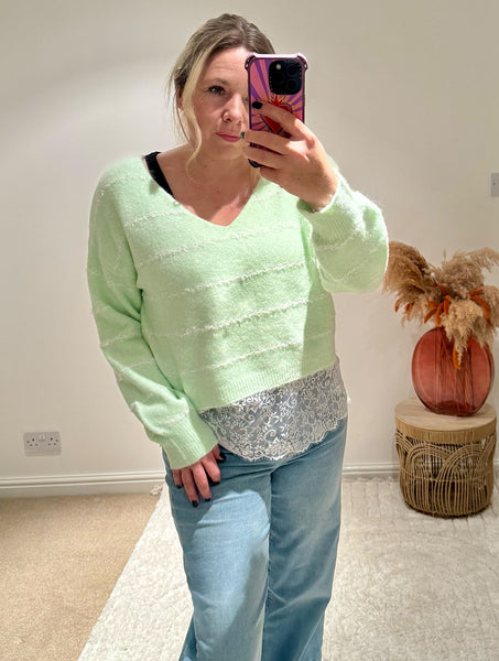 Pretty Lace Detail Striped Jumper | Soft Mint