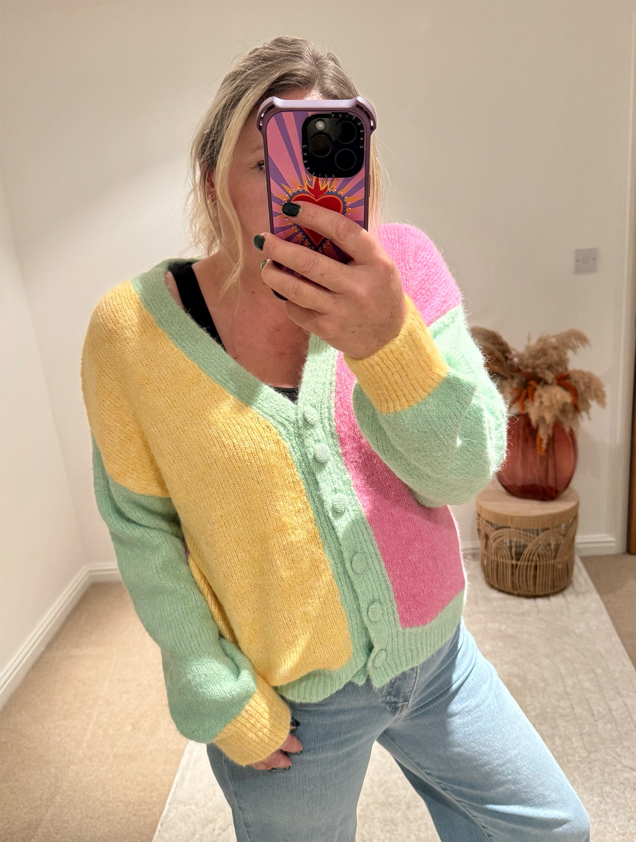 Pastel Colour Block Cardigan | Green Multi