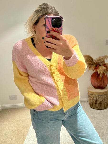 Pastel Colour Block Cardigan | Yellow Multi