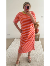 Seaside Stripe Midi T-Shirt Dress | Orange/Pink