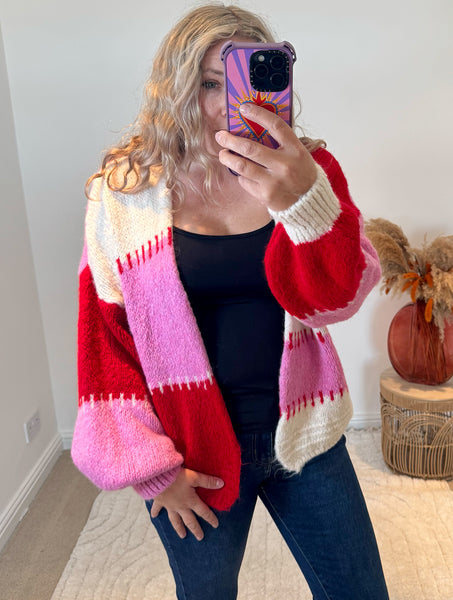 Oversized Colourful Striped Cardigan | Pink/Red Multi