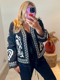Boho Embroidered Cotton Quilted Tie Jacket | Black