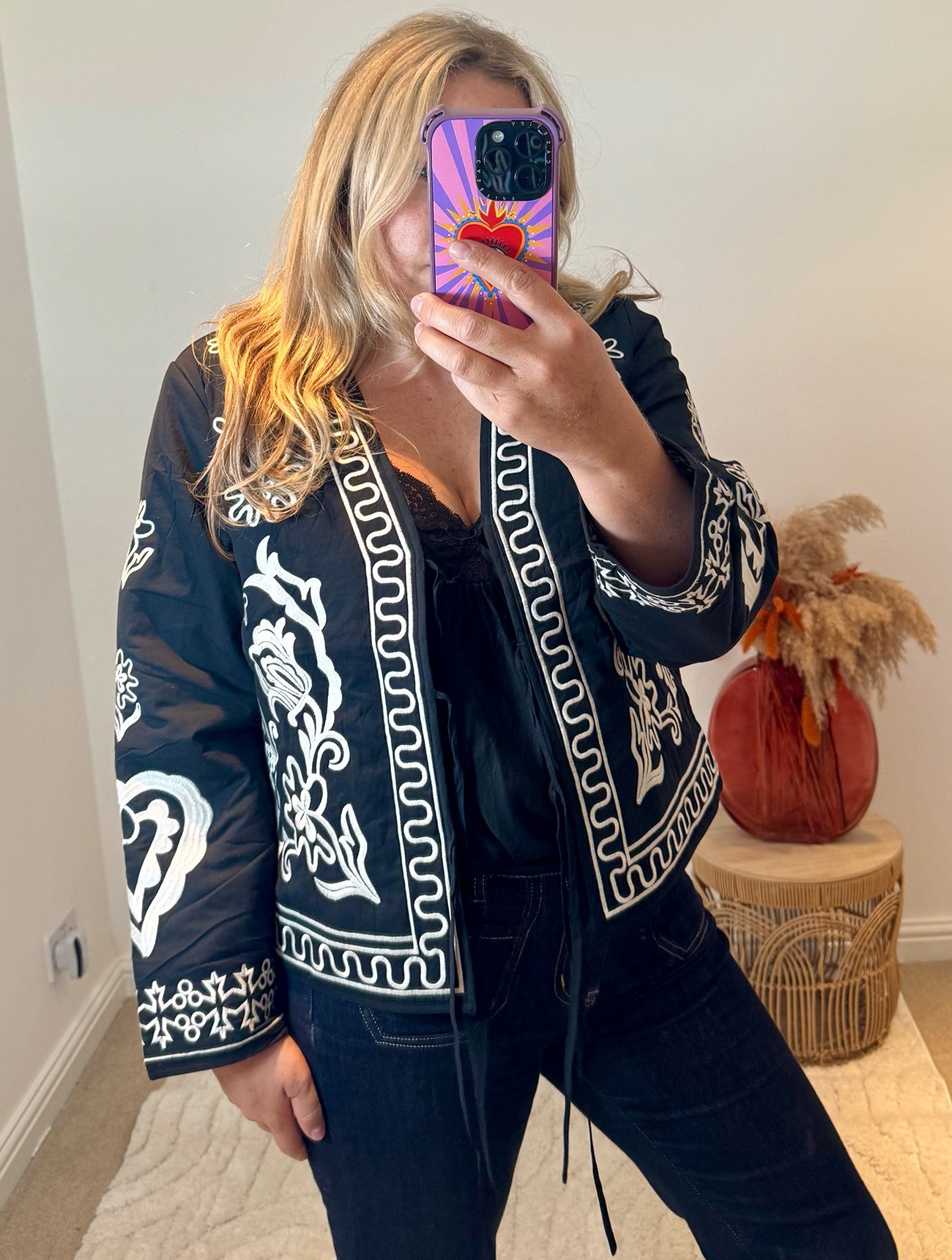 Boho Embroidered Cotton Quilted Tie Jacket | Black