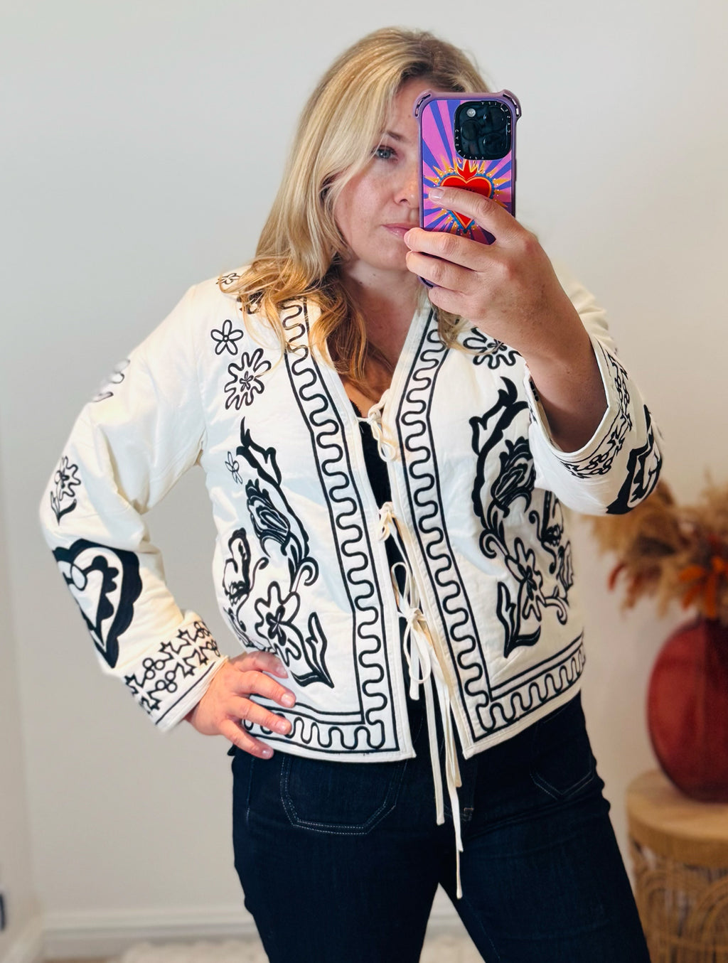 Boho Embroidered Cotton Quilted Tie Jacket | Cream