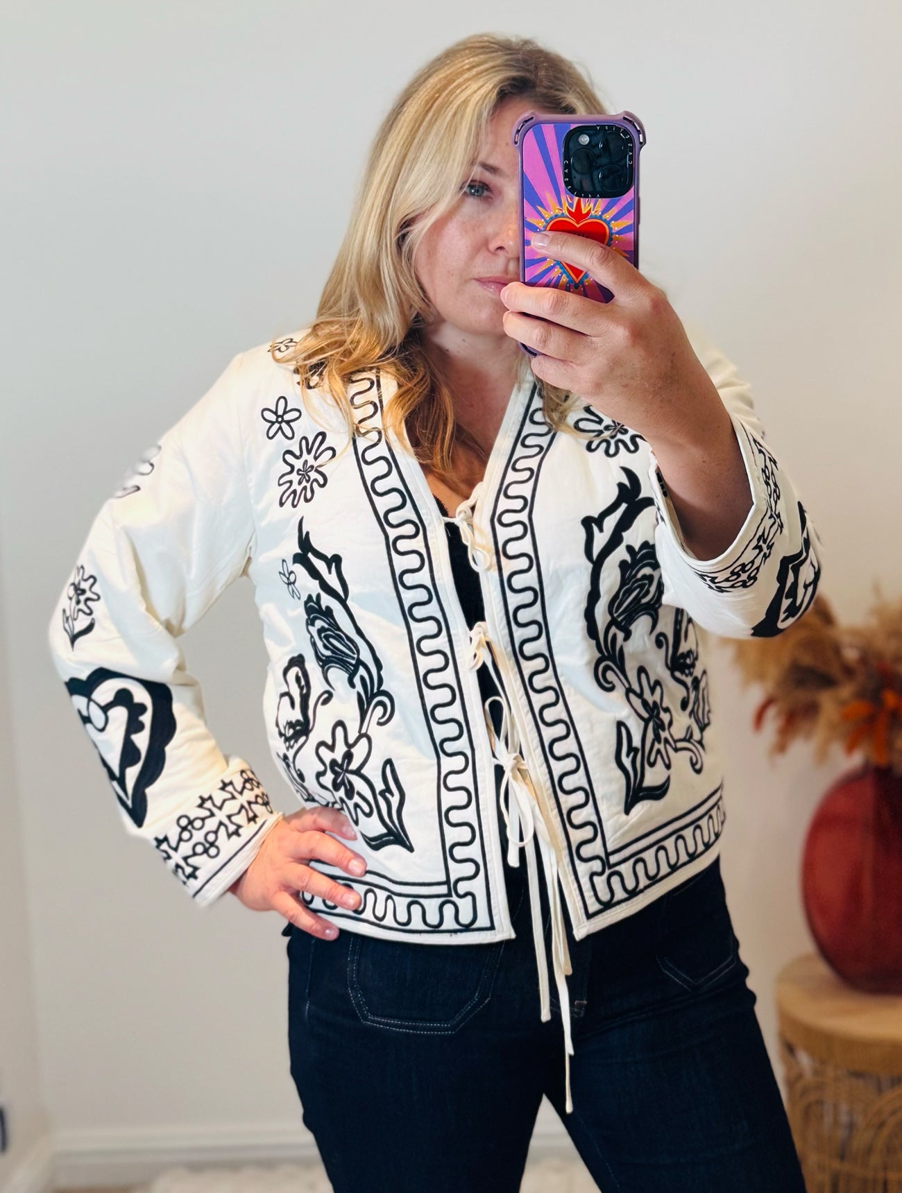 Boho Embroidered Cotton Quilted Tie Jacket | Cream