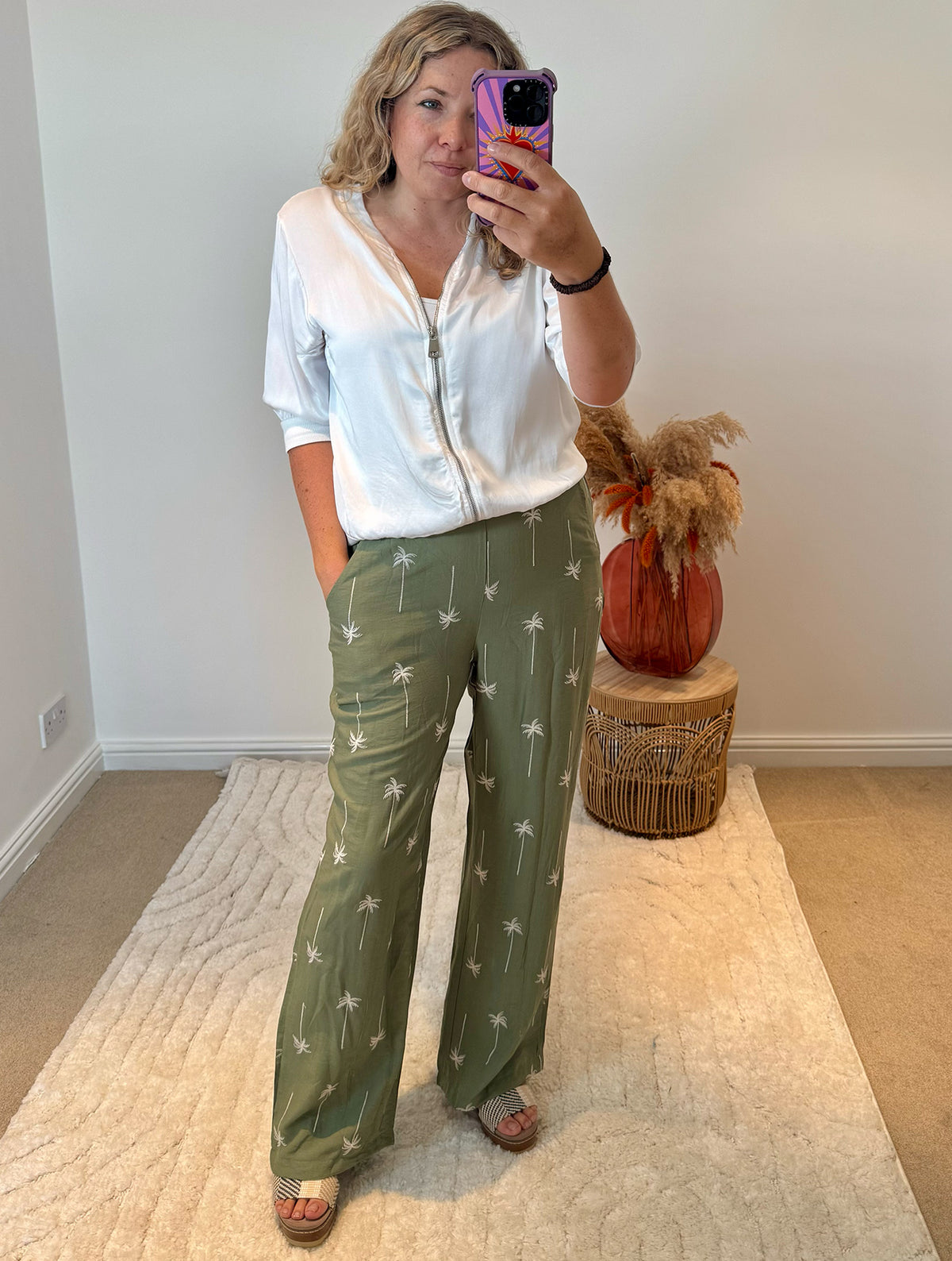 Palm Tree Embroidered Trousers | Khaki