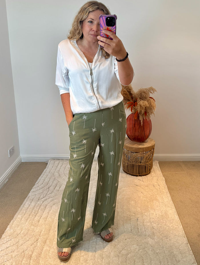 Palm Tree Embroidered Trousers | Khaki