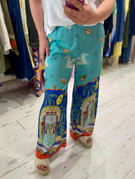 Pegasus Linen Mix Palazzo Trousers | Aquamarine