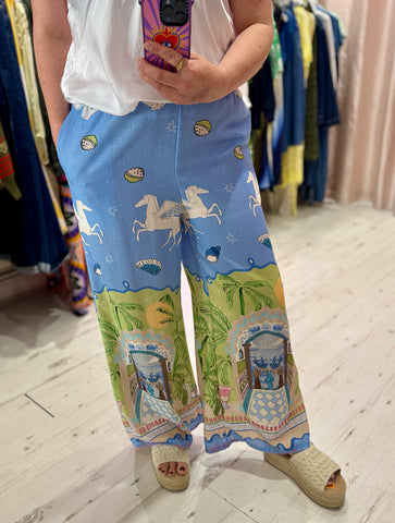 Pegasus Linen Mix Palazzo Trousers | Sky Blue