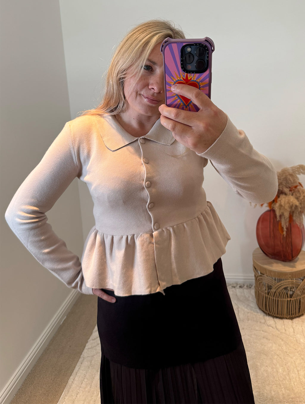 Collared Peplum Cardigan | Beige