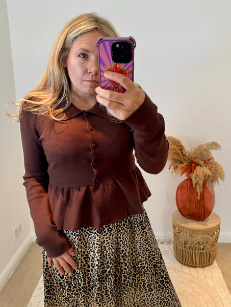 Collared Peplum Cardigan | Chocolate Brown