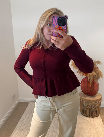 Collared Peplum Cardigan | Deep Wine