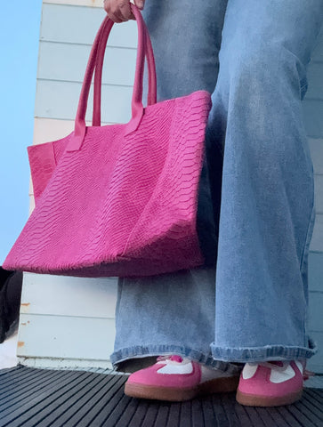 Suede Snake Design Leather Tote Bag | Magenta