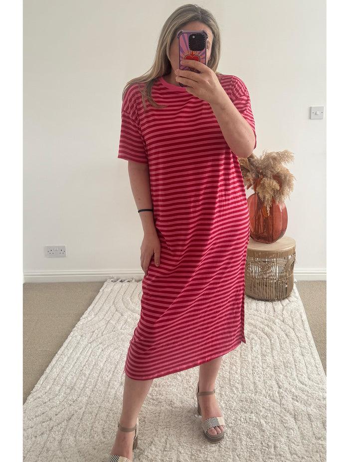 Seaside Stripe Midi T-Shirt Dress | Red and Pink