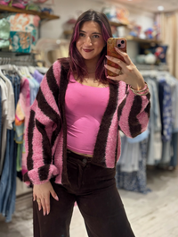 Stripe Relaxed Fit Edge to Edge Cardigan | Pink/Chocolate