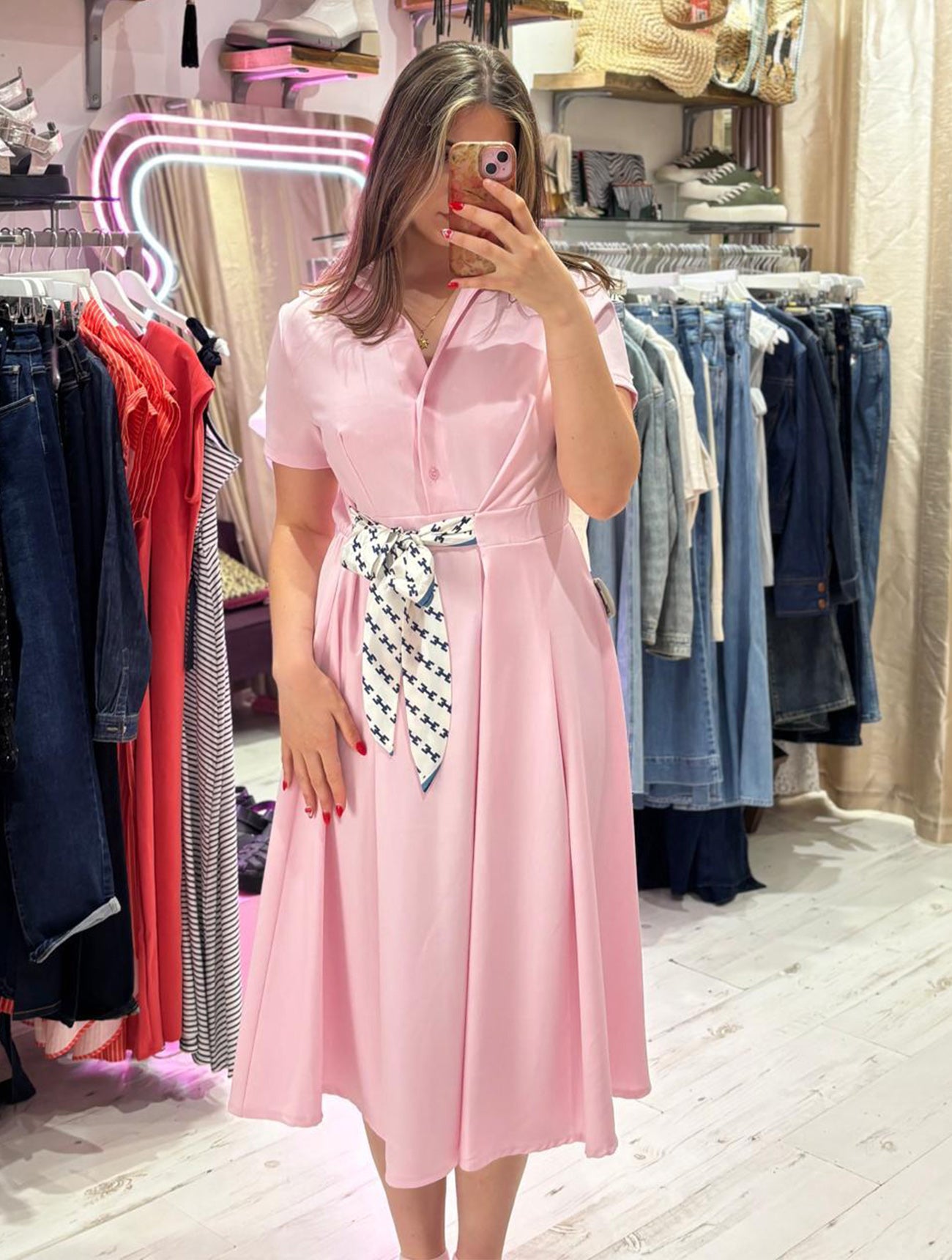 Retro Inspired Shirt Dress with Tie | Light Pink