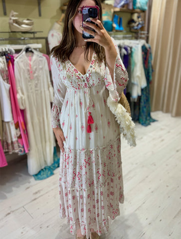 Ophelia Embellished Boho Maxi Dress | White/Pink