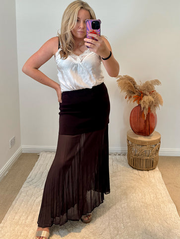 Lola Bandage and Chiffon Pleated Skirt | Chocolate