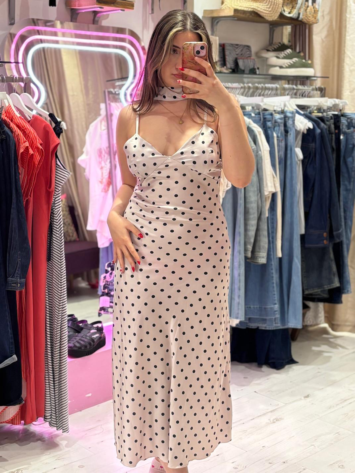Polka Dot Silky Midi Dress | Light Beige