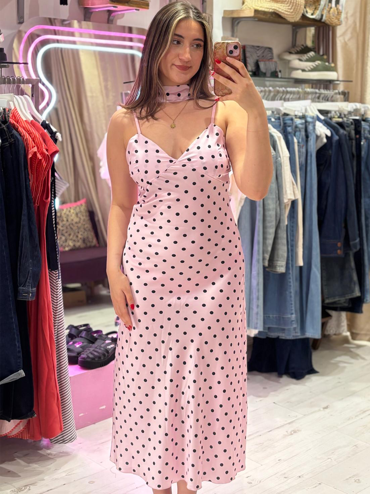 Polka Dot Silky Midi Dress | Pale Pink