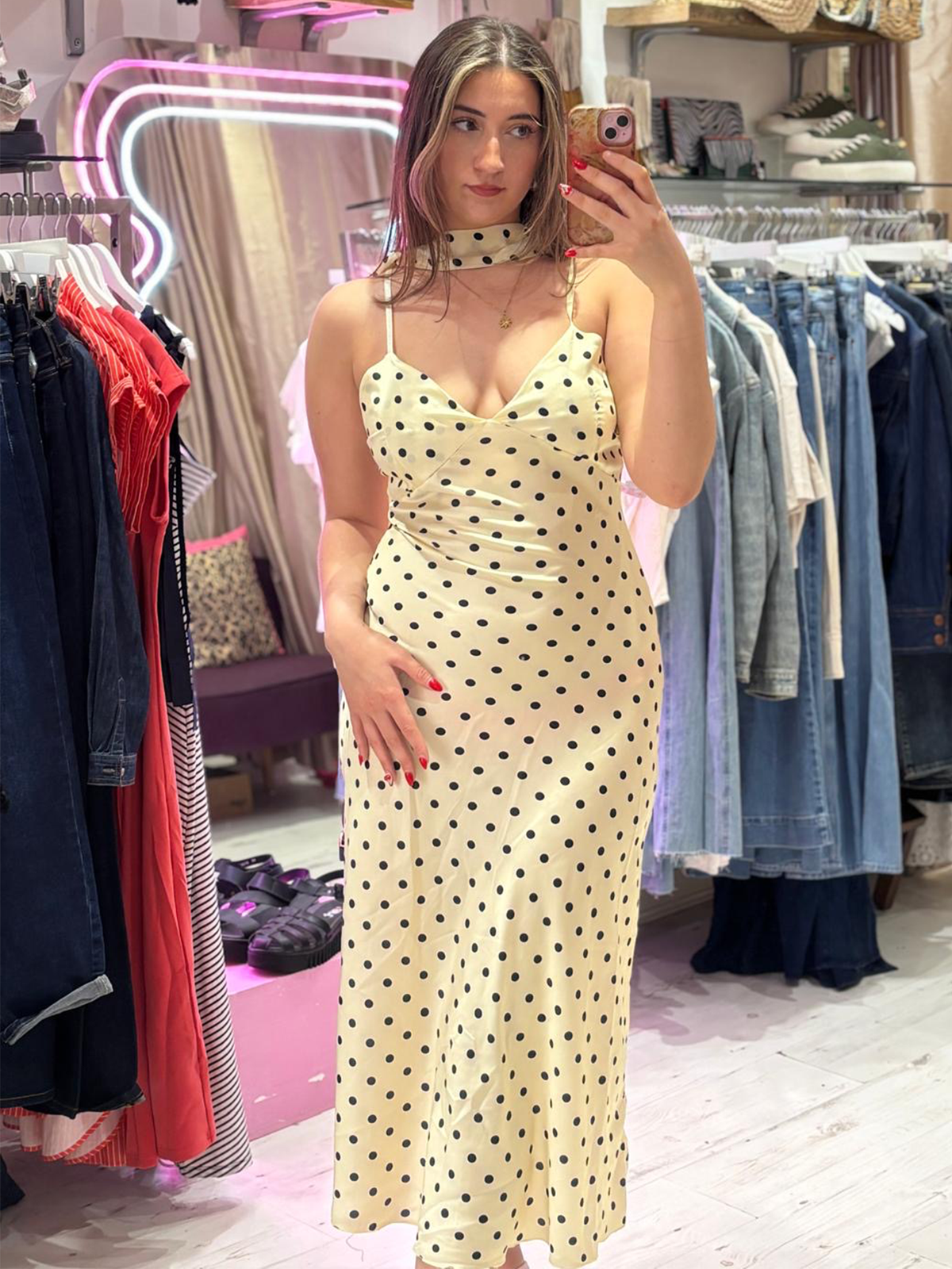 Polka Dot Silky Midi Dress | Pale Yellow
