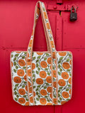 Boho Cotton Quilted Large Tote Bag | Orange Floral