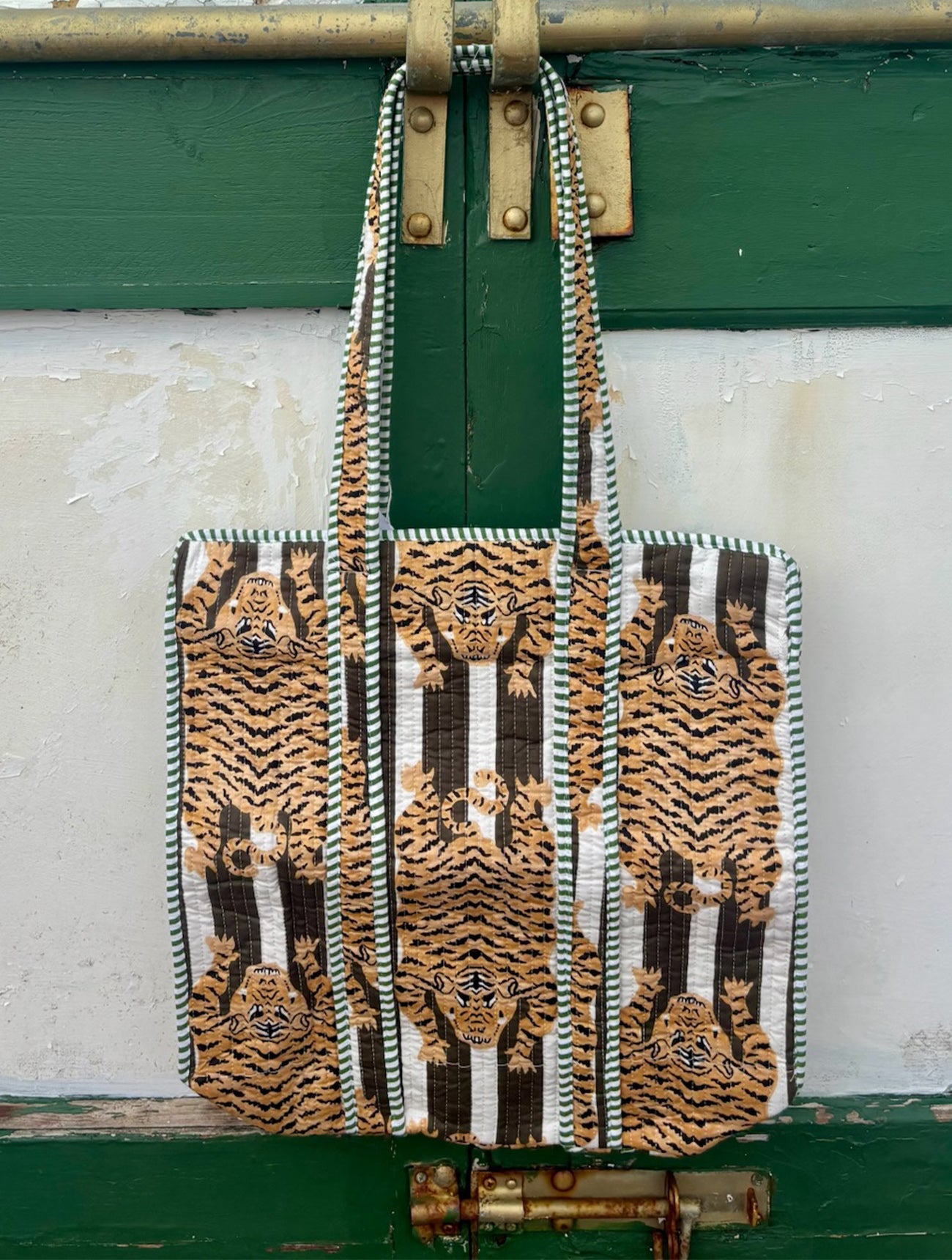 Boho Cotton Quilted Large Tote Bag | Tiger Stripes Olive
