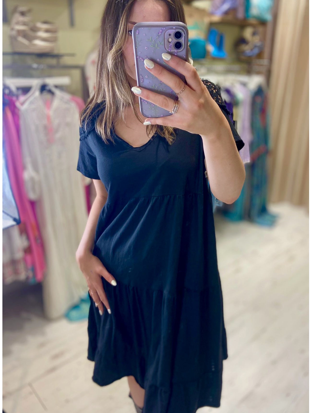 Rachel Tiered Jersey T Shirt Dress Black Pink Flamingo Boutique Kent