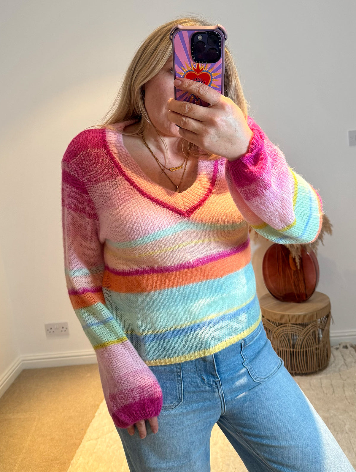 Rainbow Stripe Lightweight V-neck Jumper | Multi