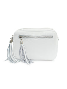 Leather Rectangle Tassel Crossbody Bag | White