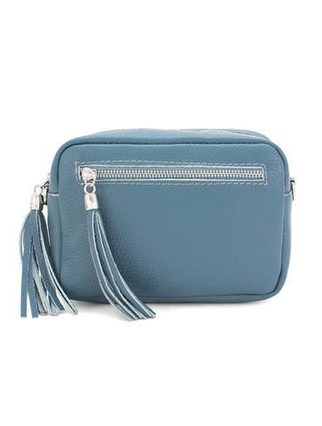 Leather Rectangle Tassel Crossbody Bag | Dusty Blue