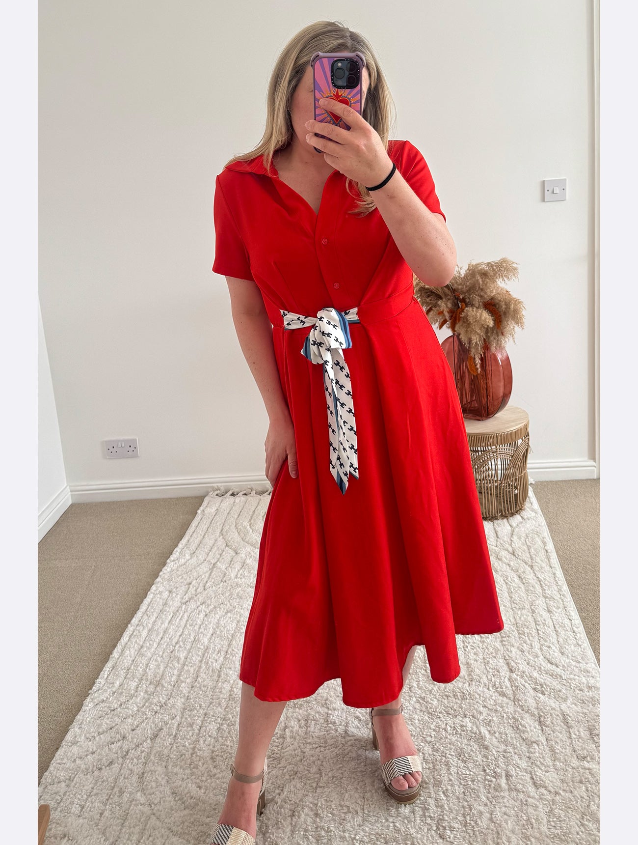 Retro Inspired Shirt Dress with Tie | Red/Orange