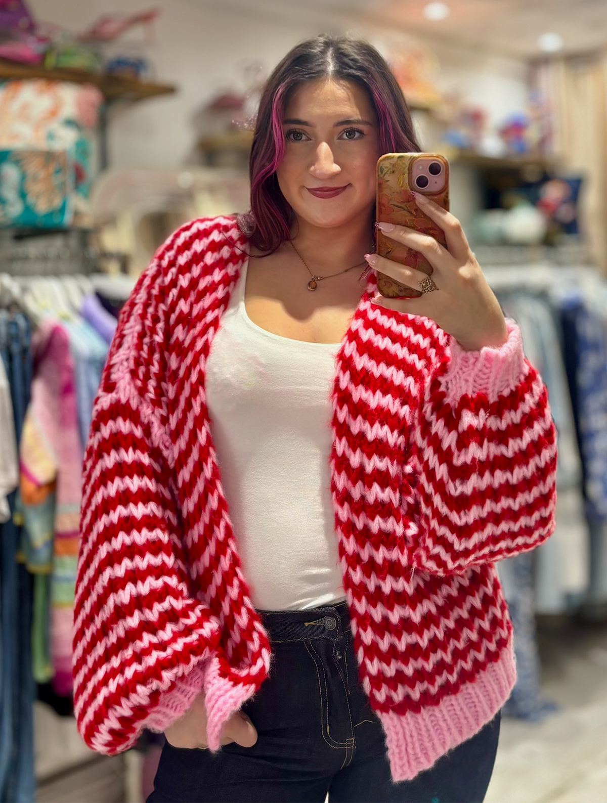 Colourful Chunky Knit Balloon Sleeve Cardigan | Red/Baby Pink