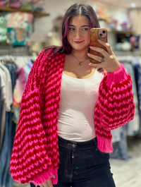 Colourful Chunky Knit Balloon Sleeve Cardigan | Red/Hot Pink