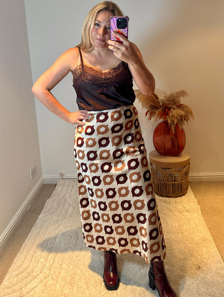 Retro Print Satin Midi Skirt | Brown Multi