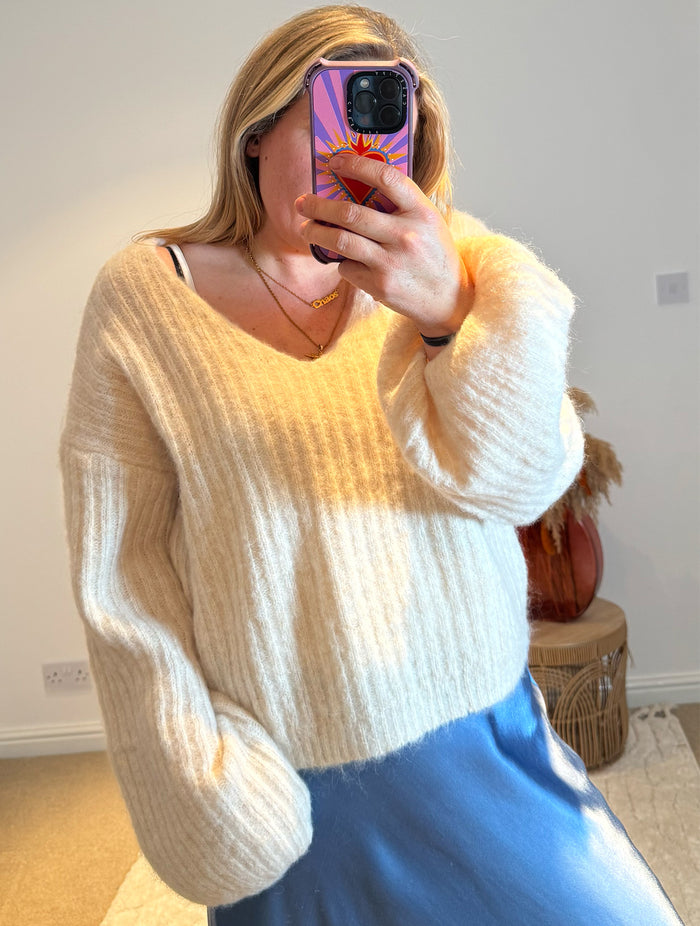 V-Neck Ribbed Wide Sleeve Jumper | Cream