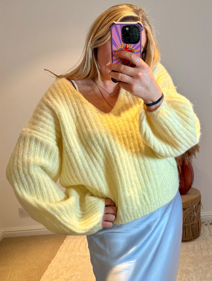 V-Neck Ribbed Wide Sleeve Jumper | Soft Yellow