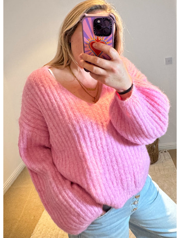 V-Neck Ribbed Wide Sleeve Jumper | Pink