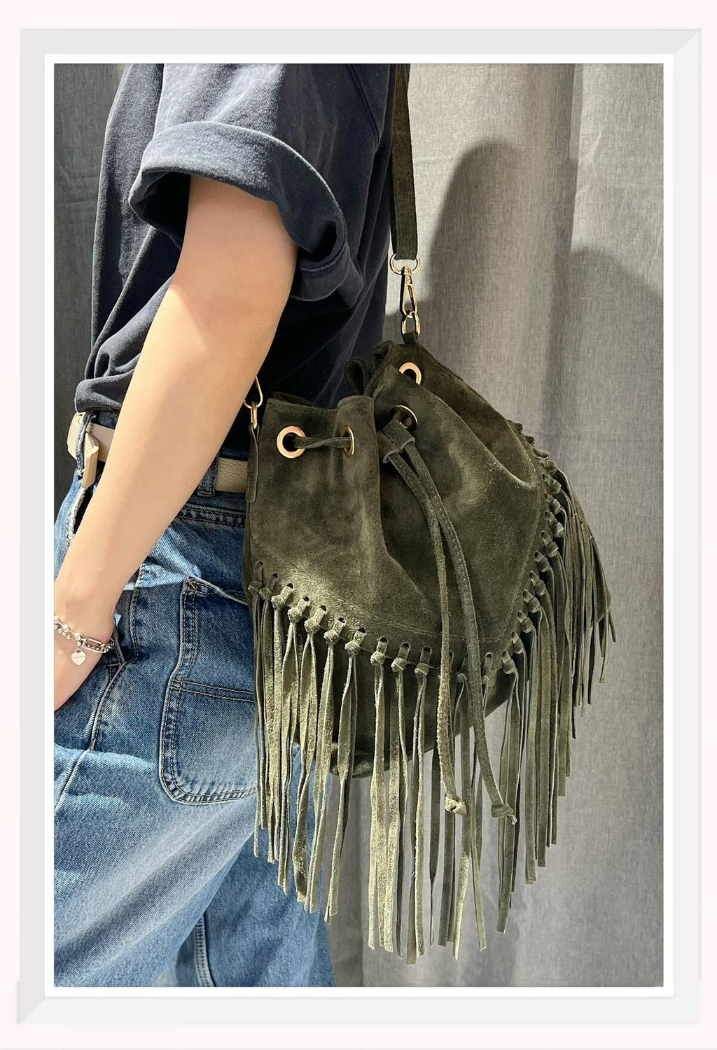 Suede Leather Fringed Bucket Bag | Khaki